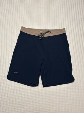 BYLT Basics Navy Swim Trunks with Tan Waistband Mens XL